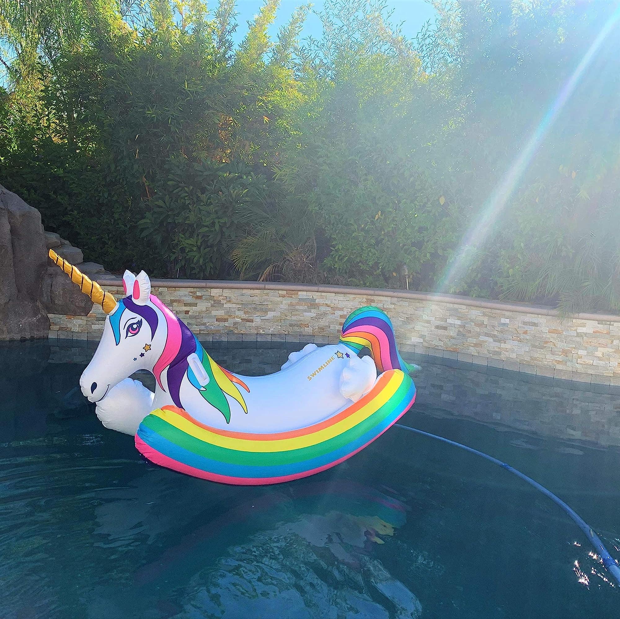 Swim Central 86" Inflatable Rainbow Unicorn Rocker Swimming Pool Float